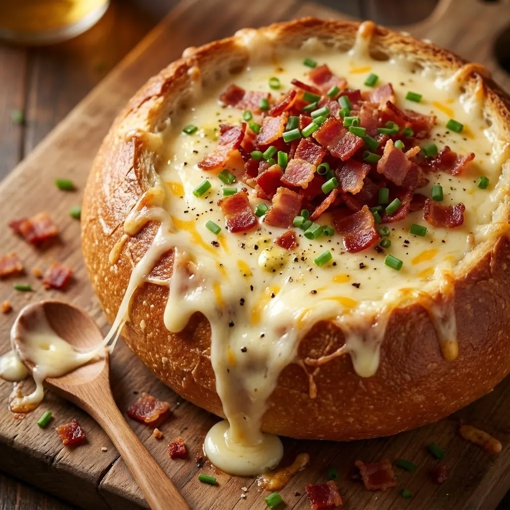 A bowl of cheese and bacon soup.