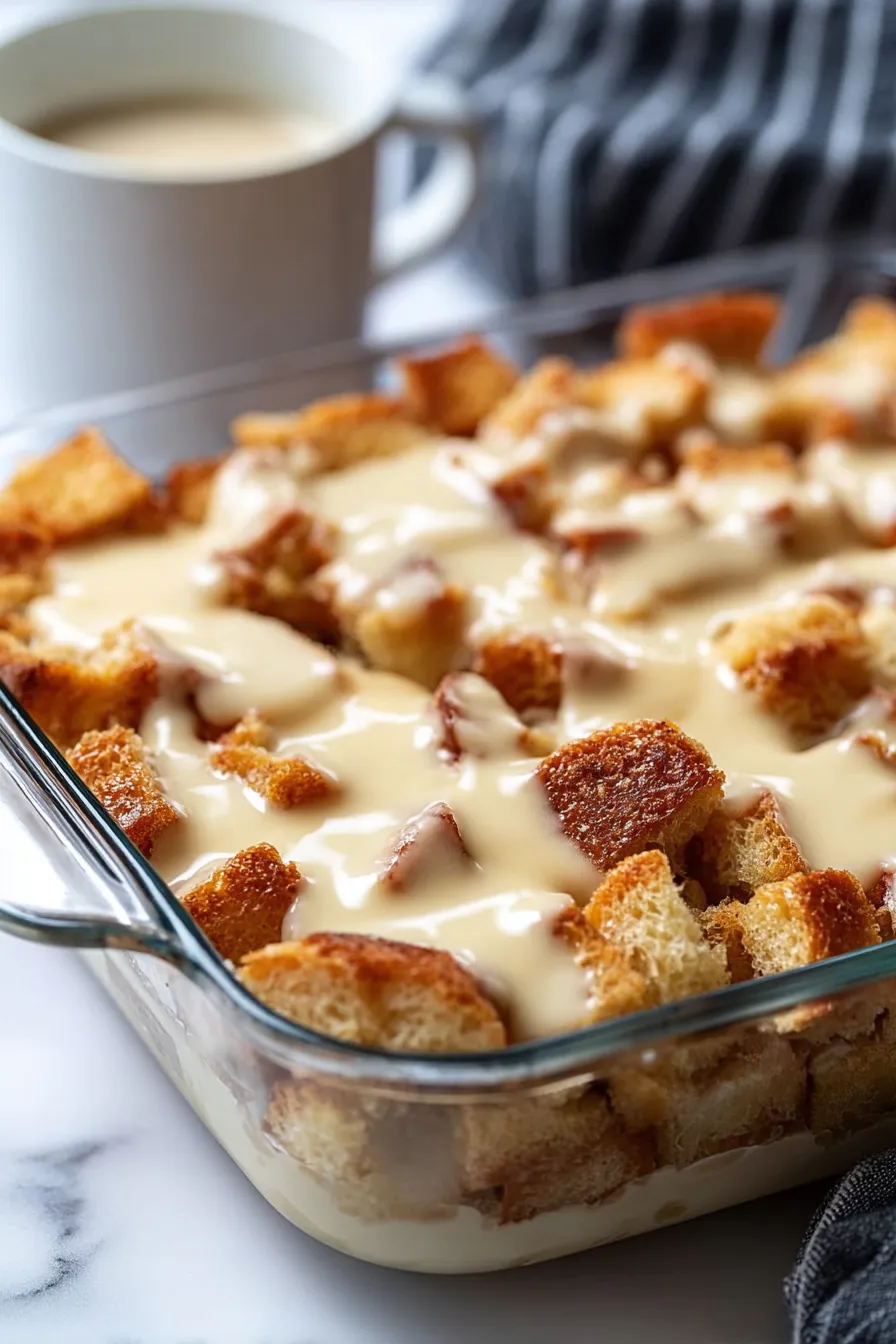 A glass dish filled with bread and gravy.