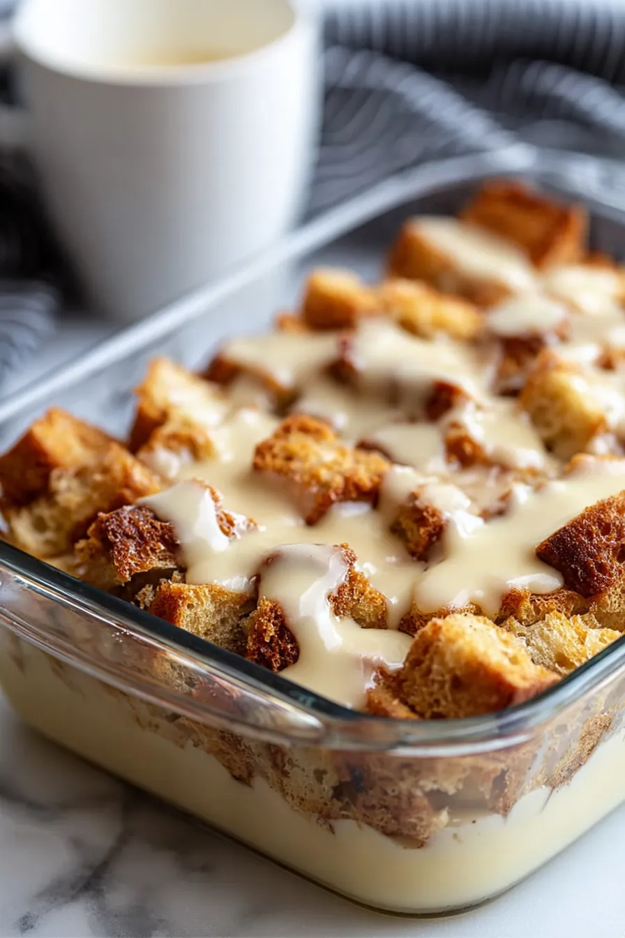 A glass dish filled with bread and cream.