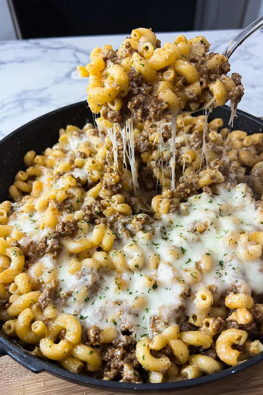A bowl of macaroni and cheese with meat on top.