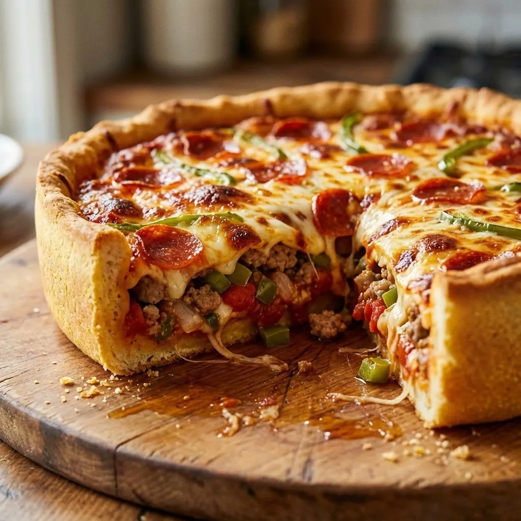 A slice of pizza on a wooden board.