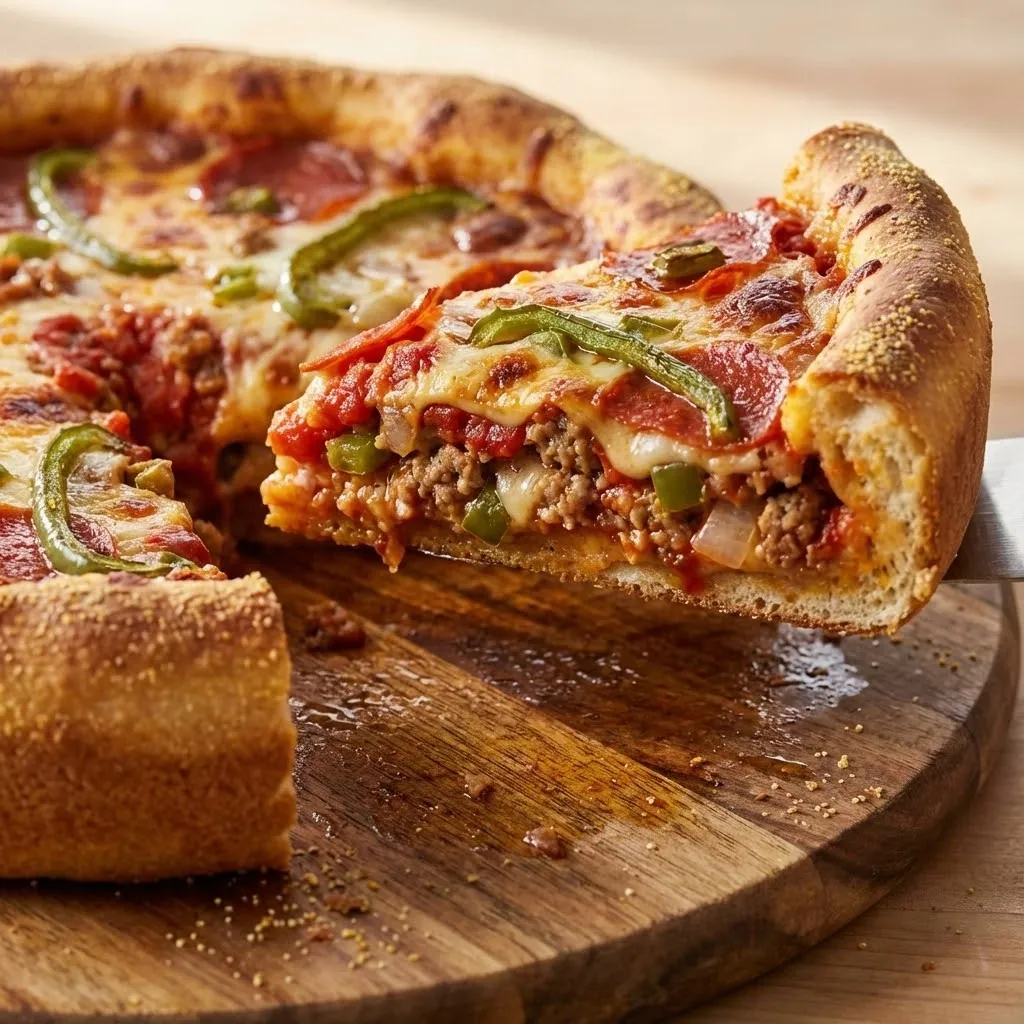 A slice of pizza with pepperoni and peppers.