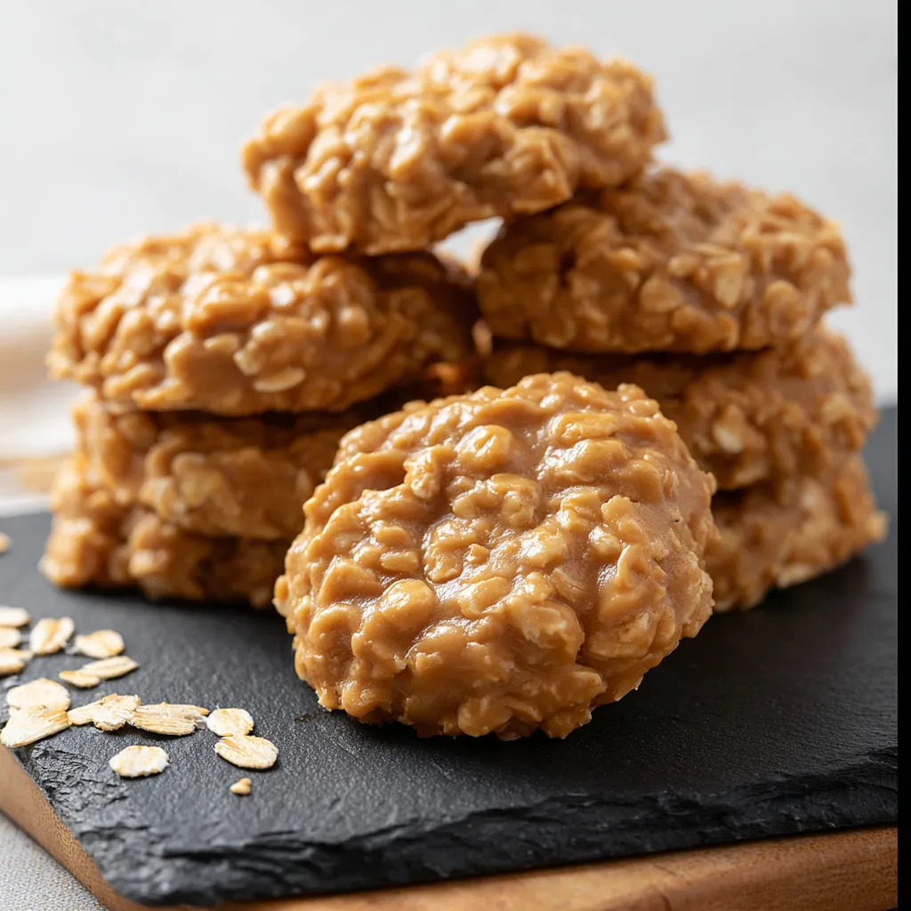 A stack of brown cookies on a black cutting board.