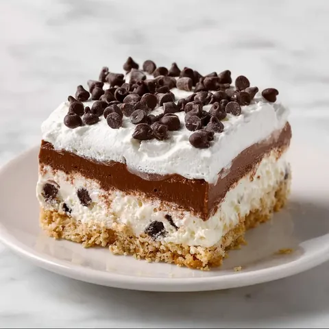A slice of chocolate cake with white frosting and chocolate chips.