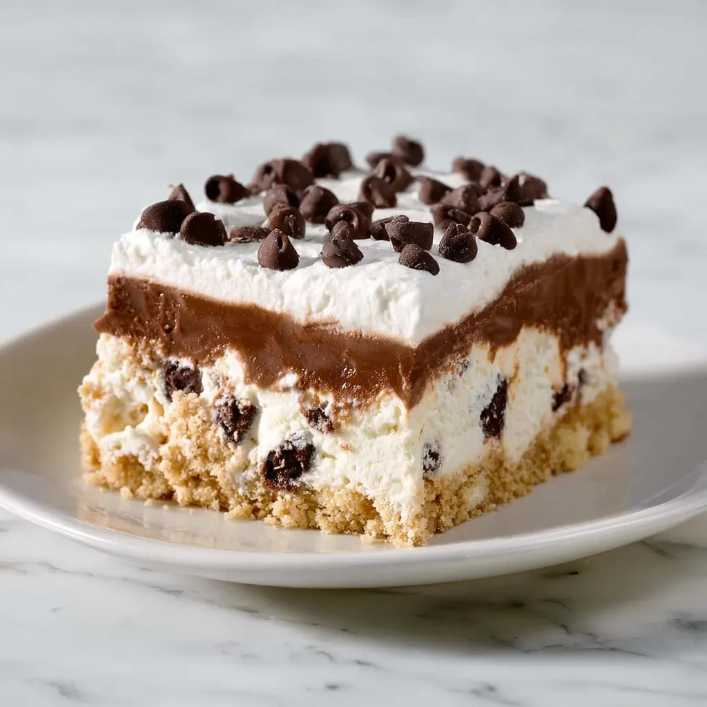 A slice of chocolate cake with white frosting and chocolate chips.