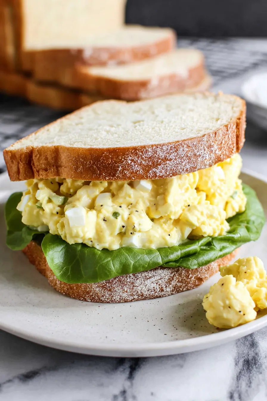 A sandwich with egg salad on a white plate.
