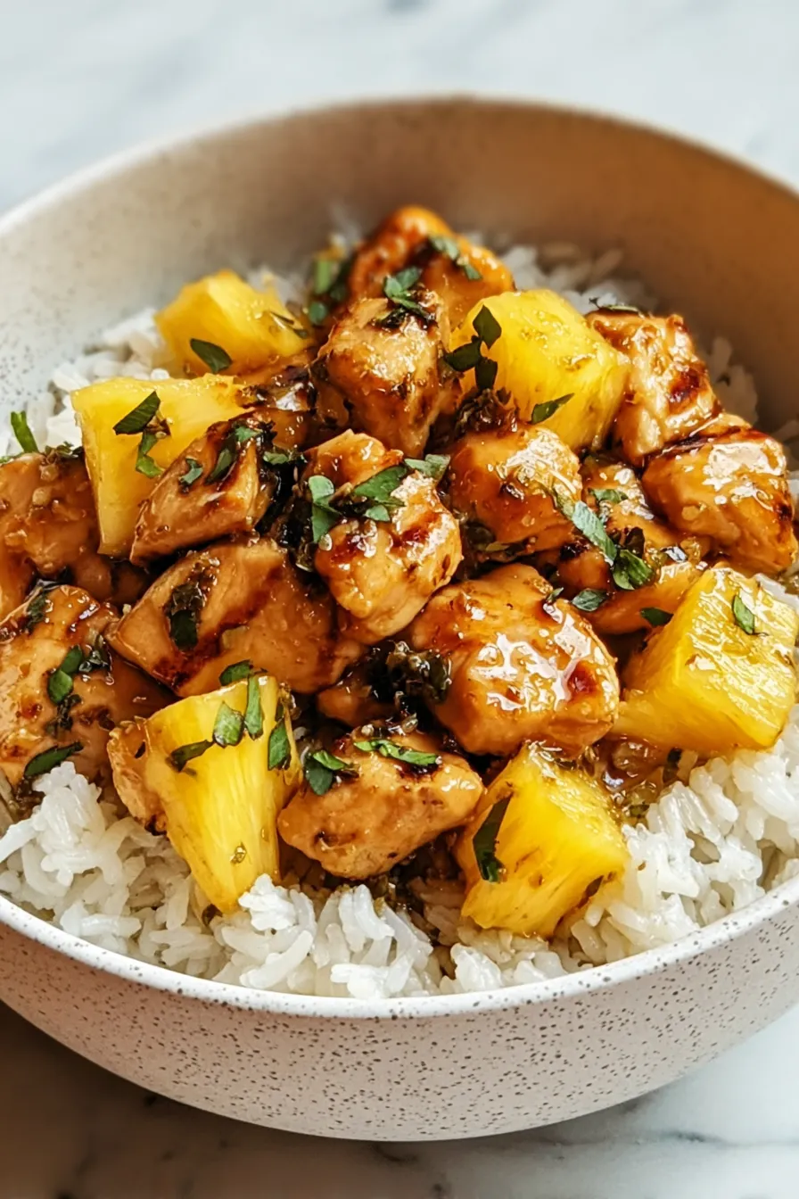 A bowl of rice with chicken and pineapple.