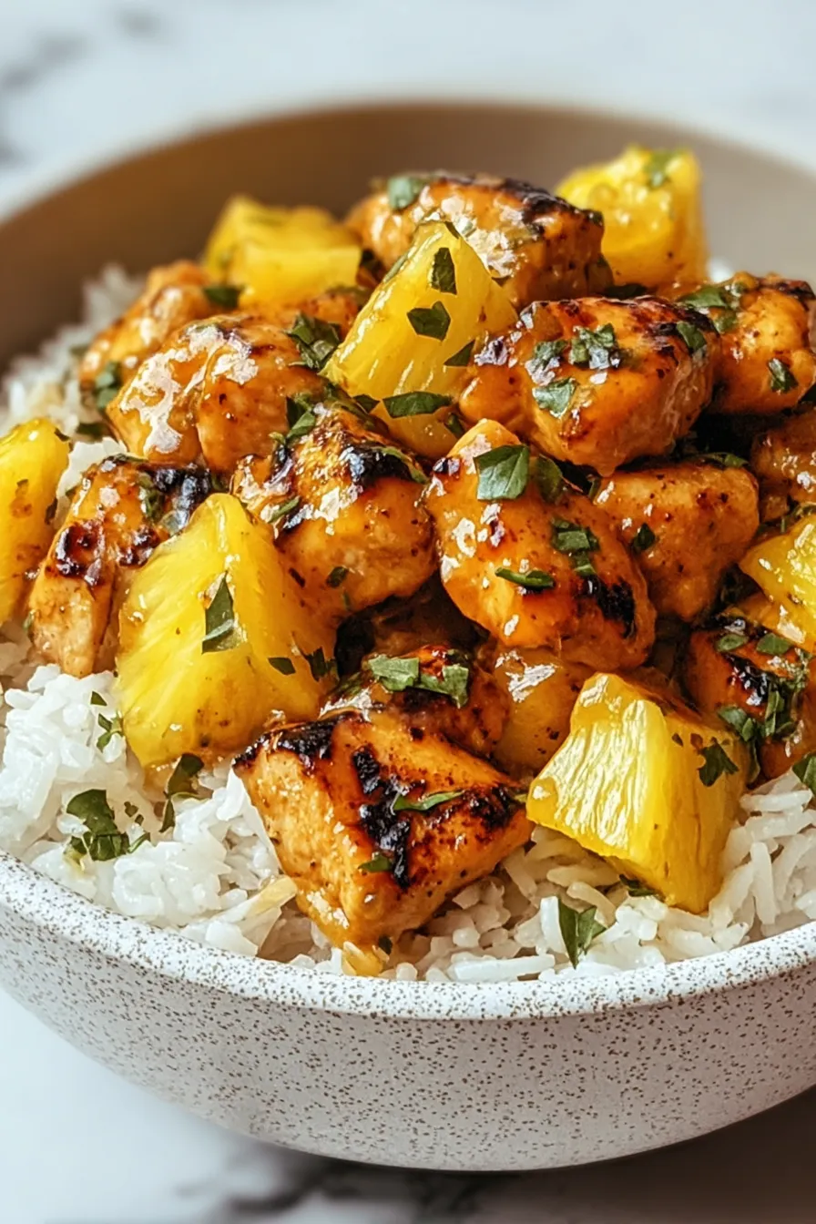 A bowl of rice with chicken pineapple.