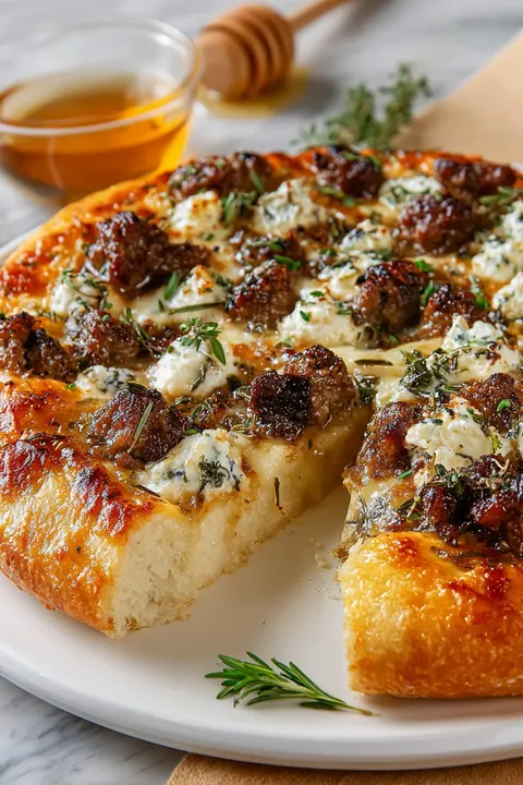 A pizza with meat and cheese on a white plate.
