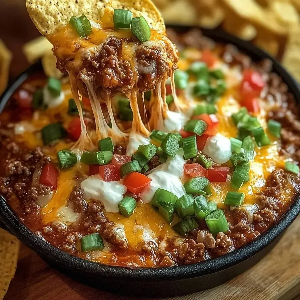 A bowl of chili with a tortilla chip on top.