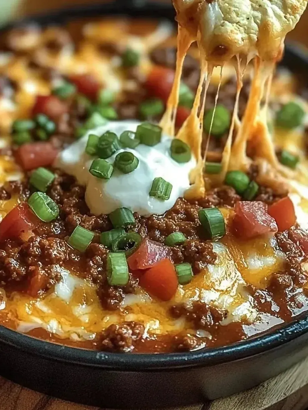 A bowl of chili with cheese and tomatoes.