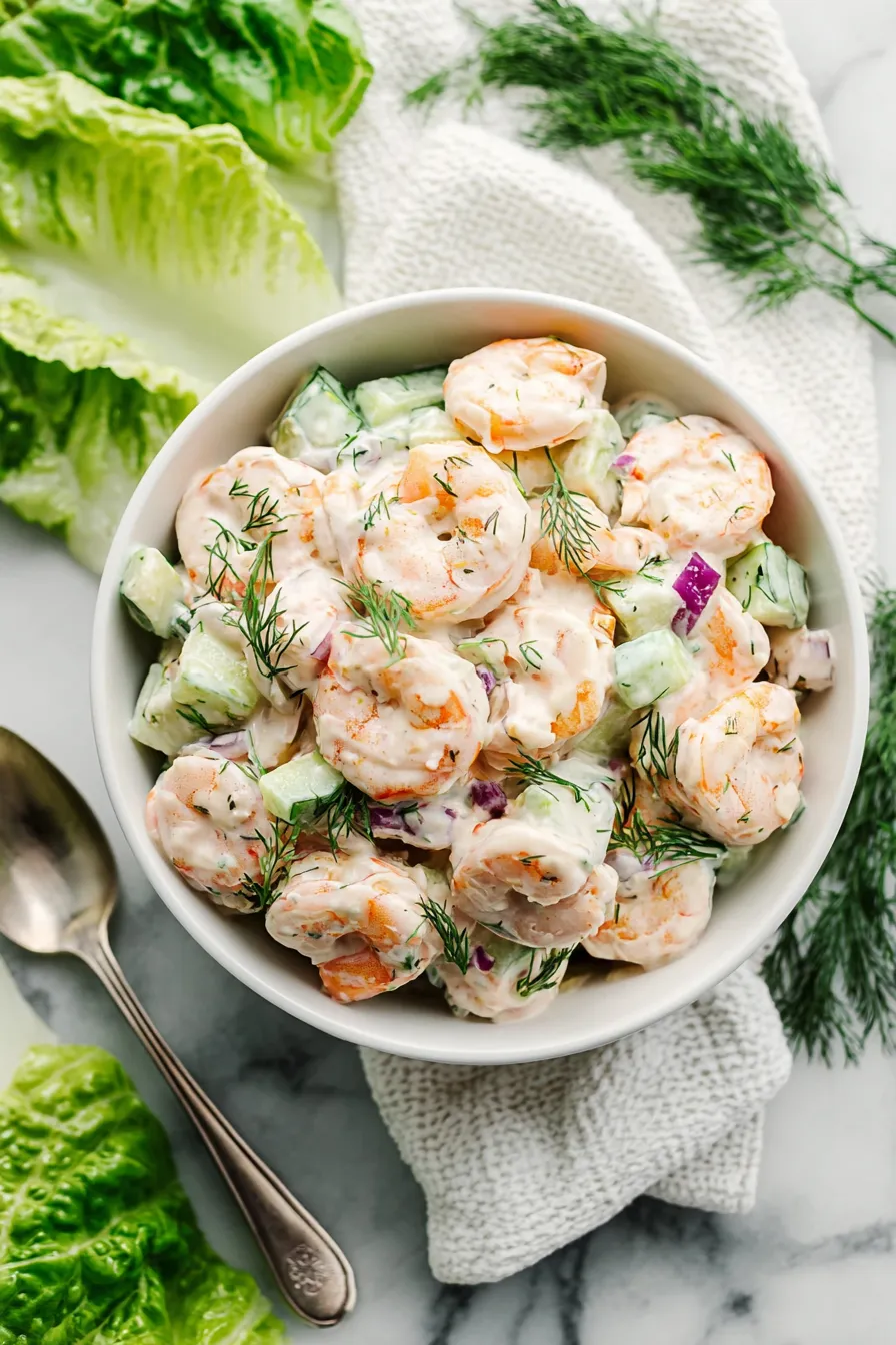 A bowl of shrimp salad with lettuce and other vegetables.
