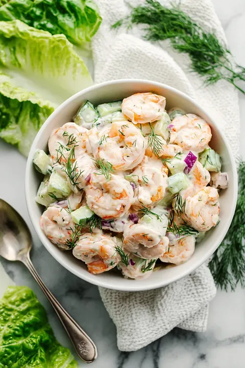 A bowl of shrimp salad with lettuce and other vegetables.
