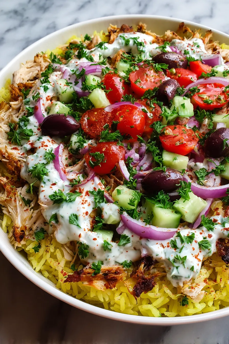 A bowl of food with chicken, tomatoes, cucumbers, and onions.