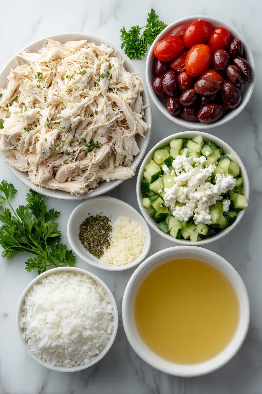 A bowl of rice sits next to a bowl of chicken.