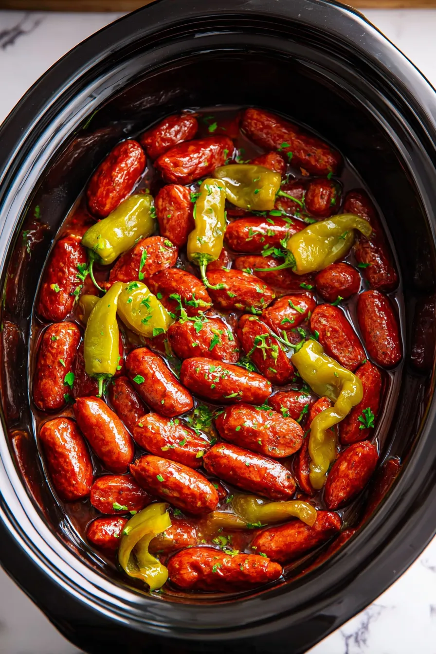 A bowl of food with peppers and sausage.