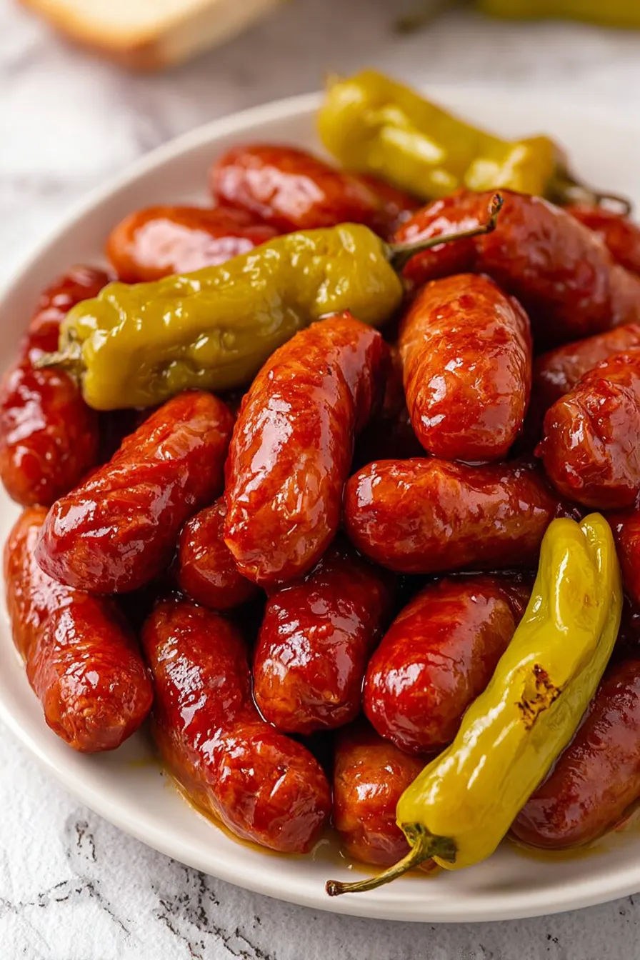 A plate of sausages and peppers.