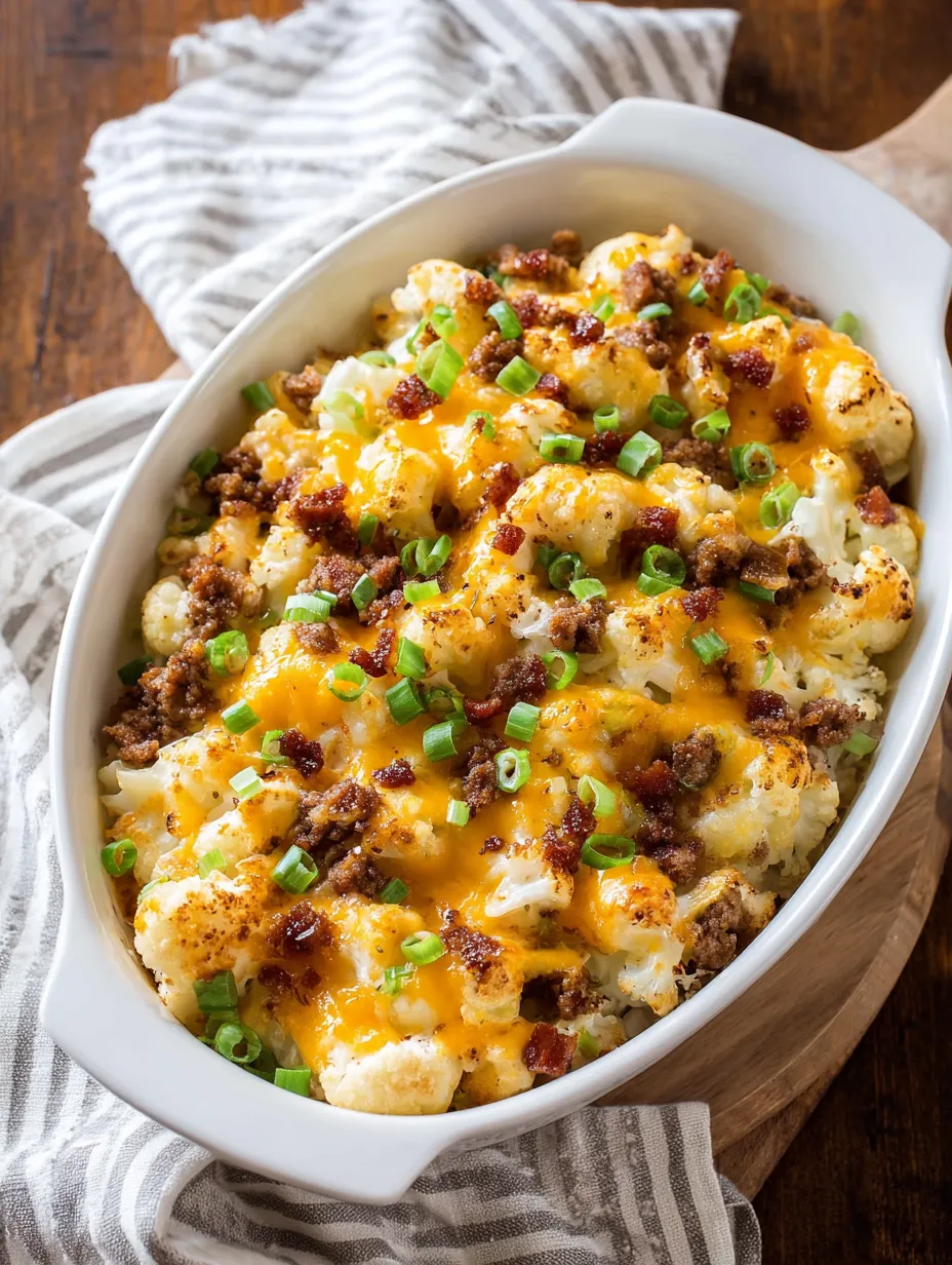 A white bowl filled with bacon and cauliflower.
