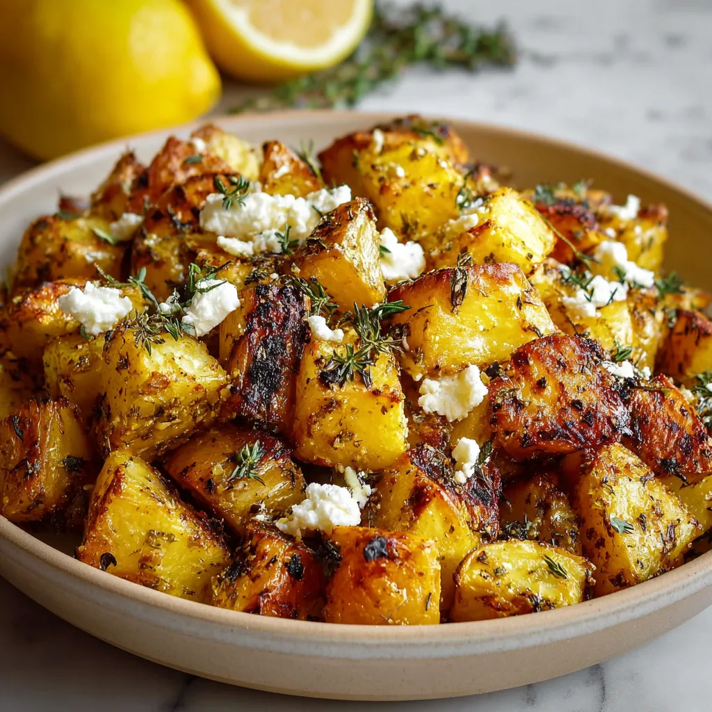 A bowl of food with lemon wedges and feta cheese.