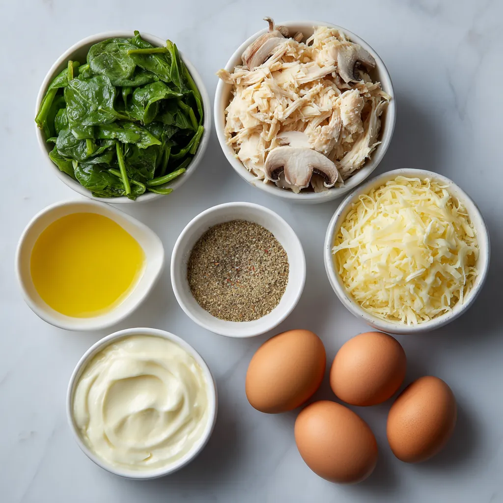 A variety of foods are displayed on a table, including eggs, mushrooms, and greens.