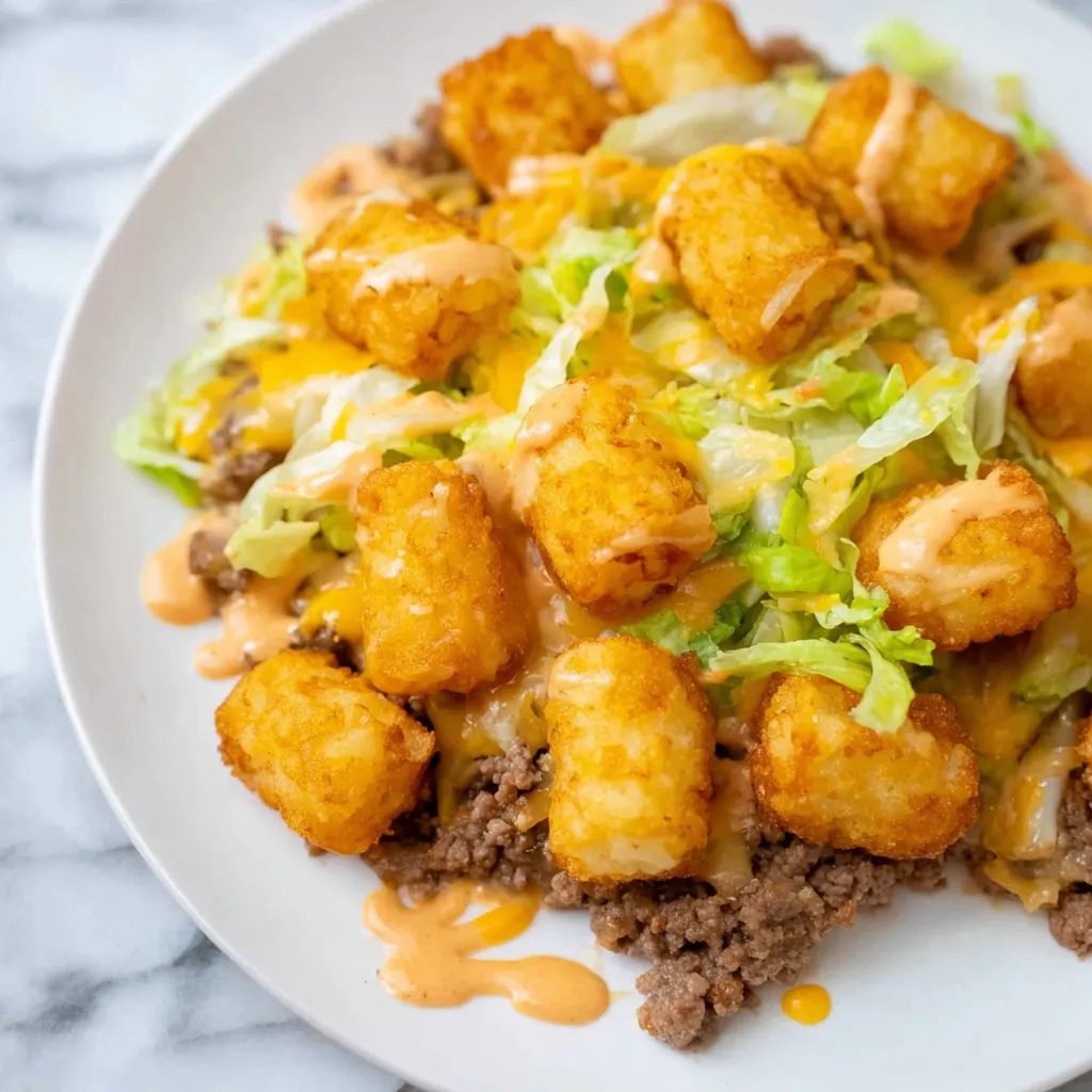 A plate of food with tater tots and cheese.