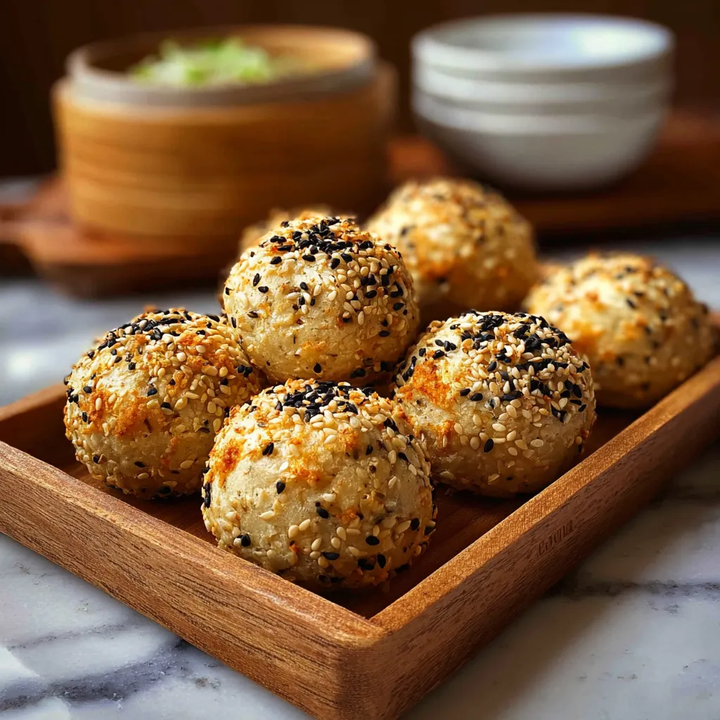 A wooden tray with 6 balls of food on it.