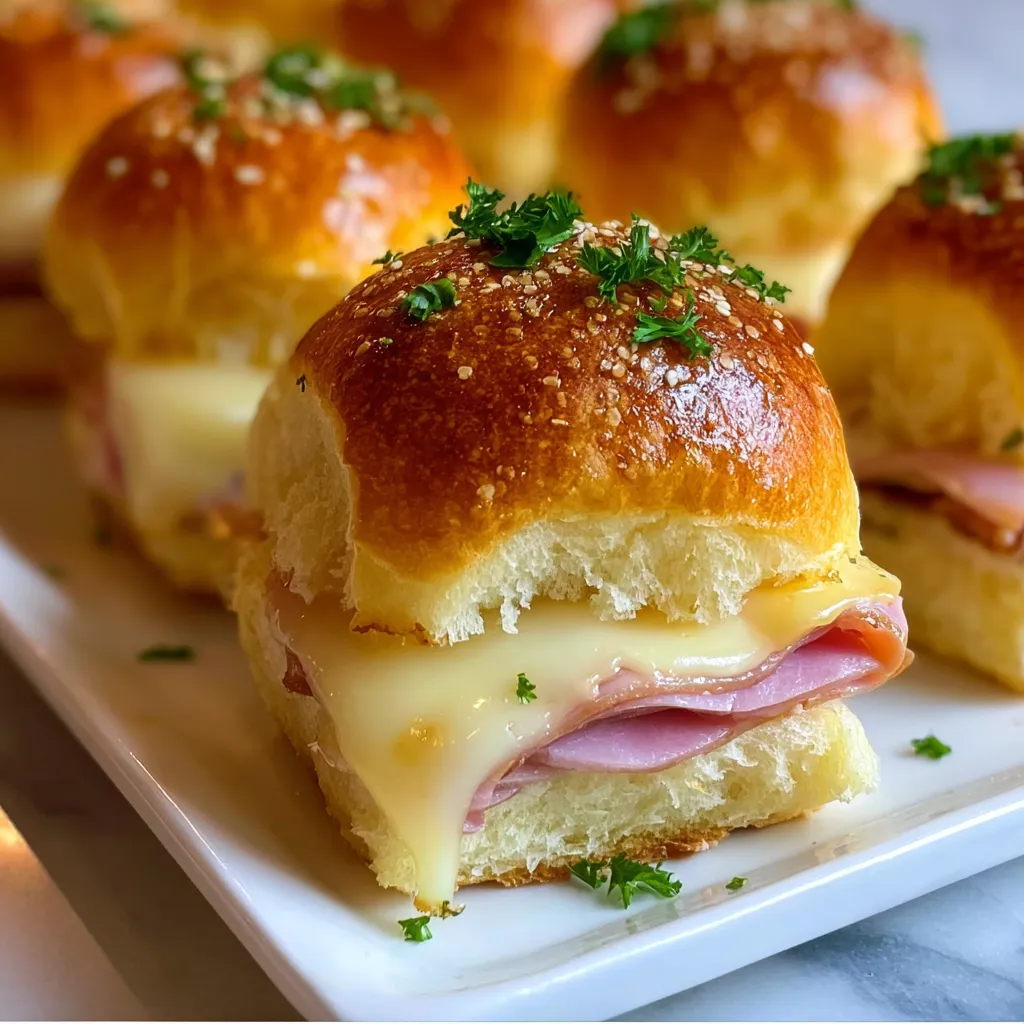 A plate of sandwiches with cheese and ham.
