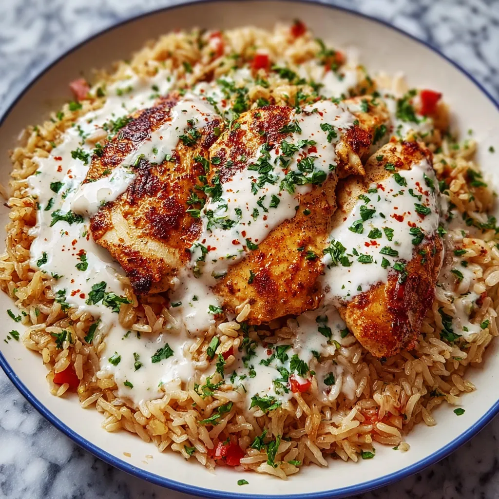 A plate of rice with chicken and sauce.