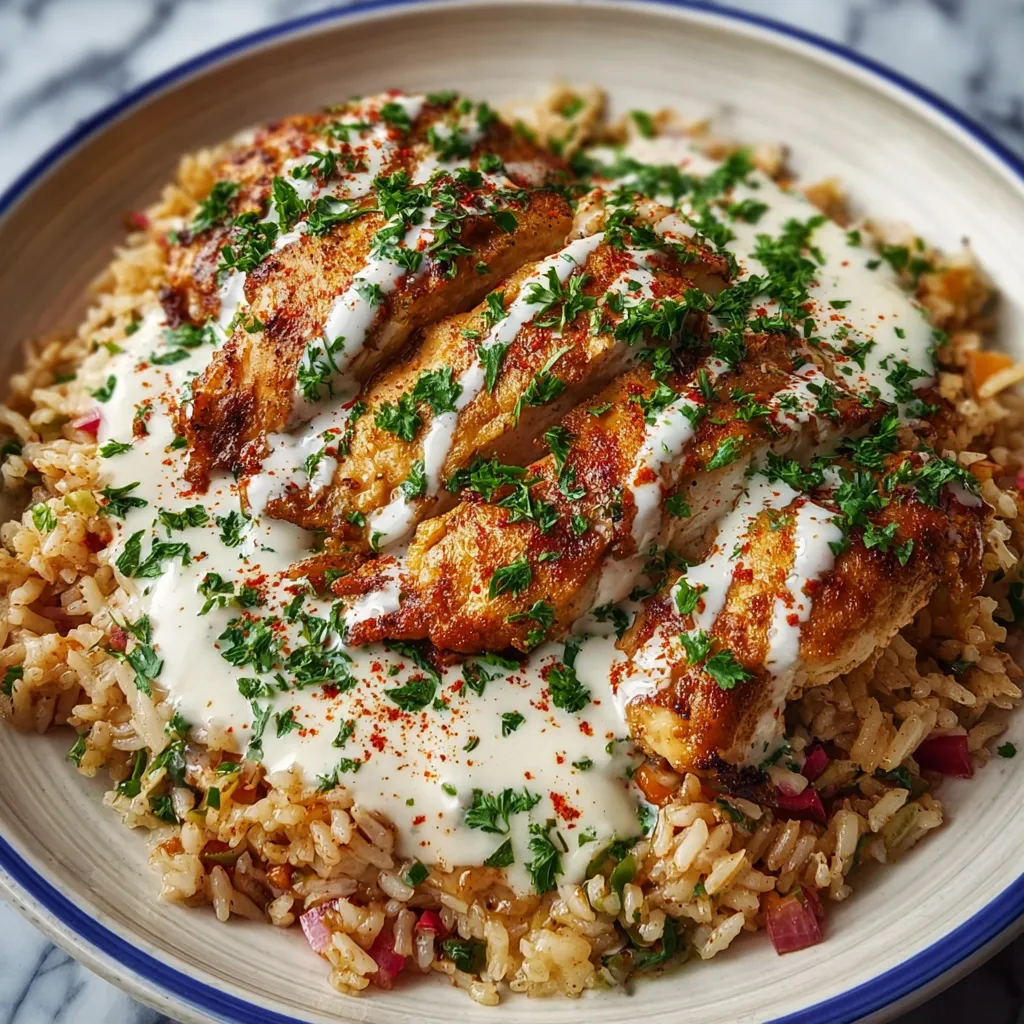 A plate of rice with chicken and sauce.