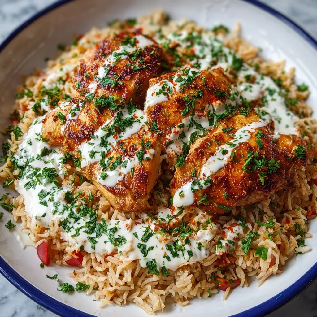 A plate of rice with chicken.