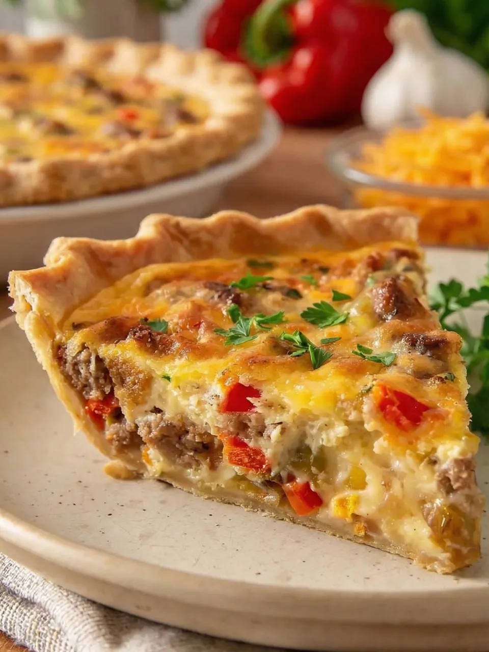 A slice of quiche on a plate.