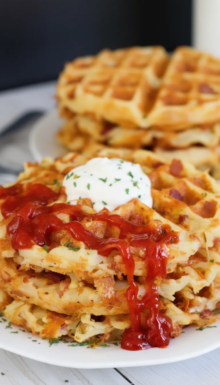 A stack of waffles with a dollop of butter and a green herb on top.