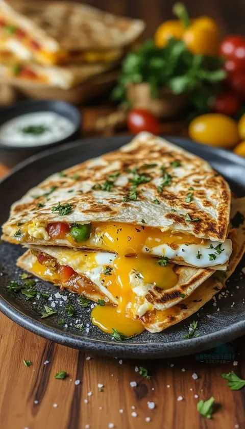 A breakfast sandwich with egg, peppers and cheese.