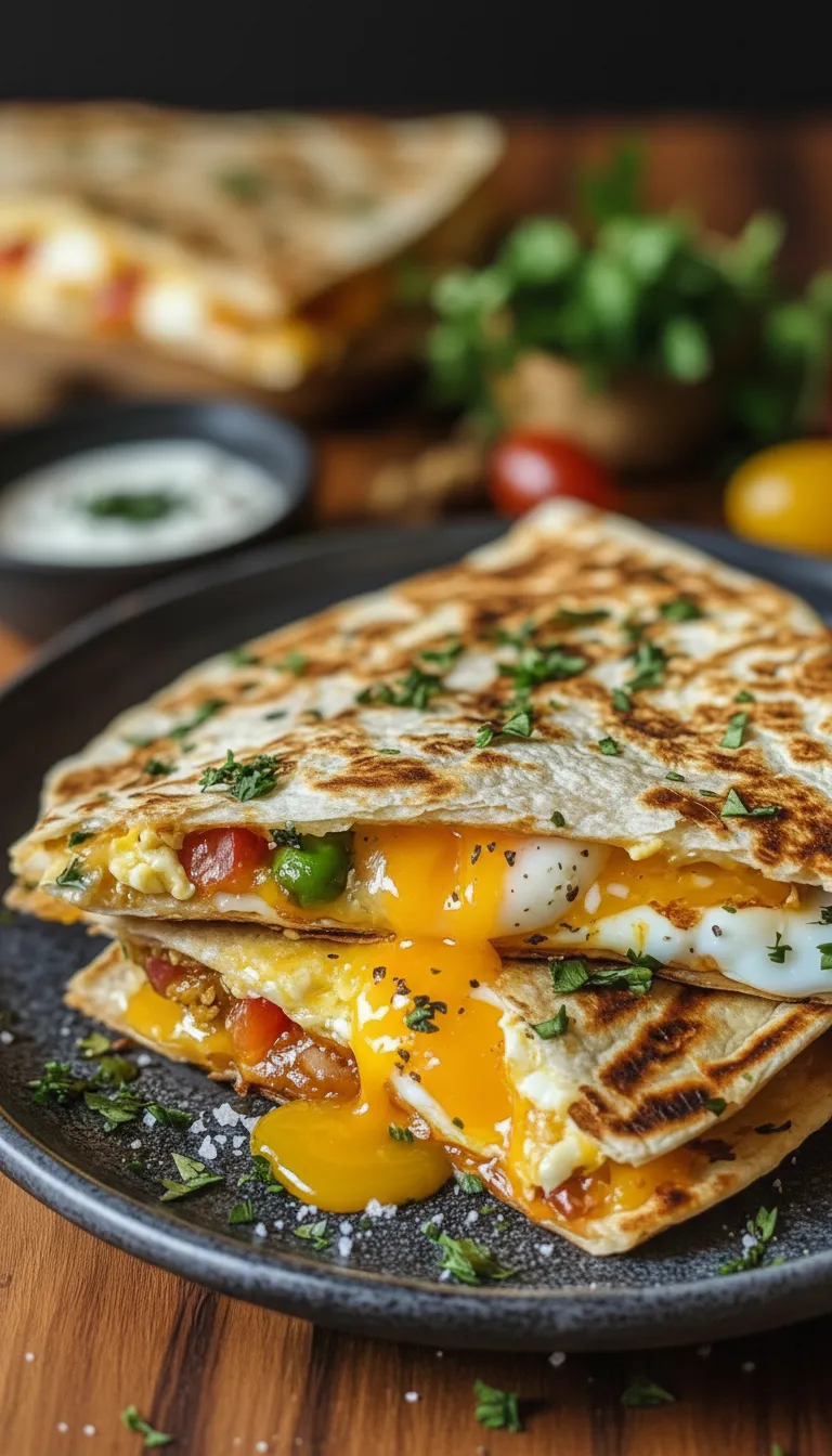 A breakfast burrito with eggs and peppers.