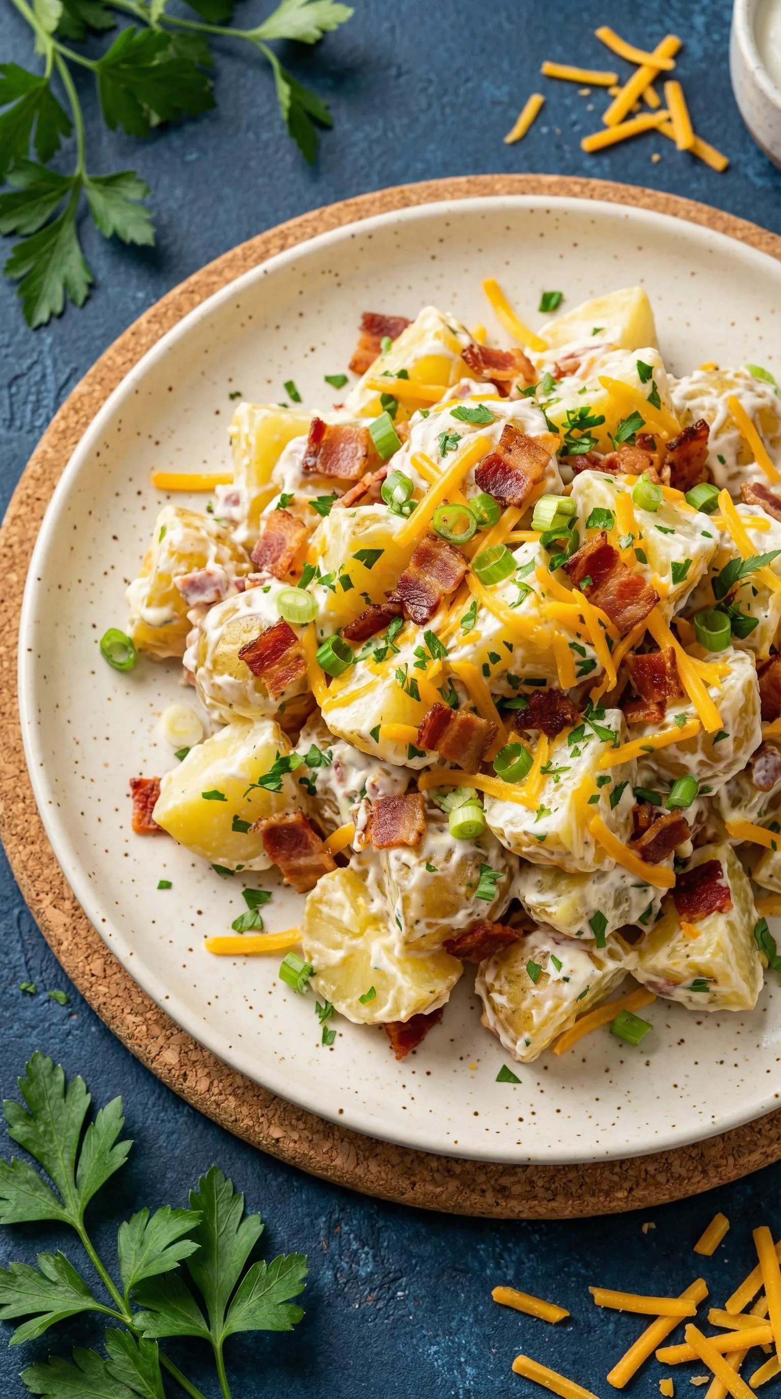 A plate of bacon and cheese covered potatoes.