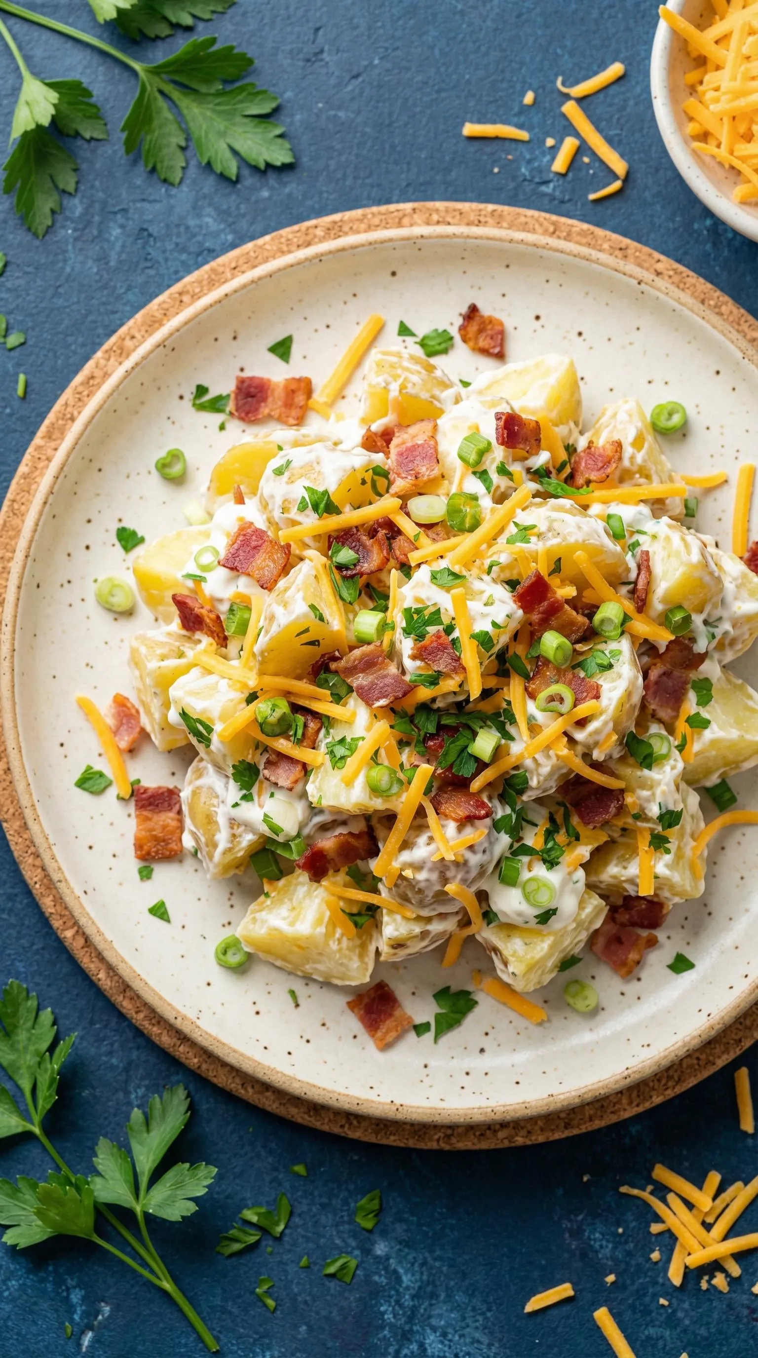 A plate of bacon and cheese covered potatoes.