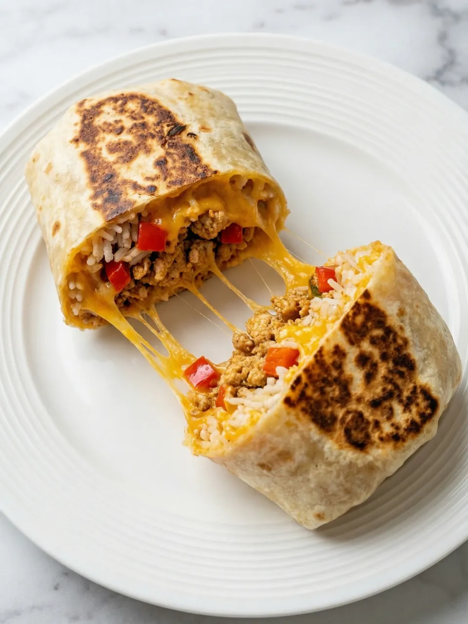 A burrito with rice and meat on a plate.