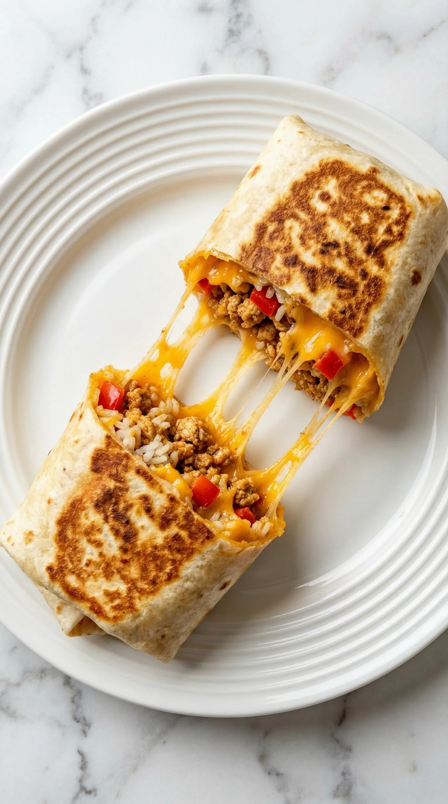 A burrito with rice and meat on a plate.