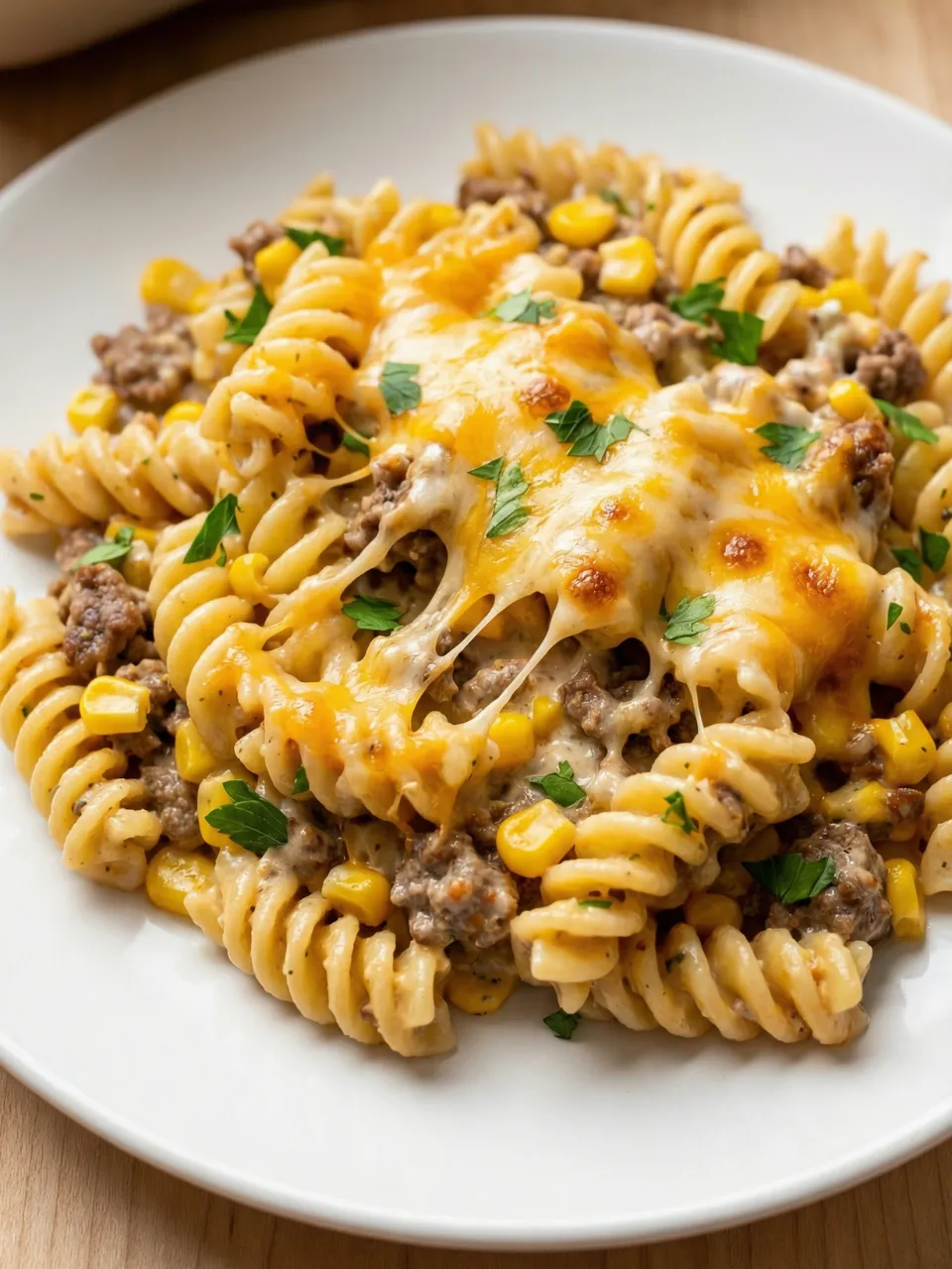 A plate of pasta with cheese and meat.