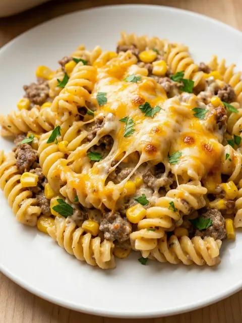 A plate of pasta with cheese and meat.
