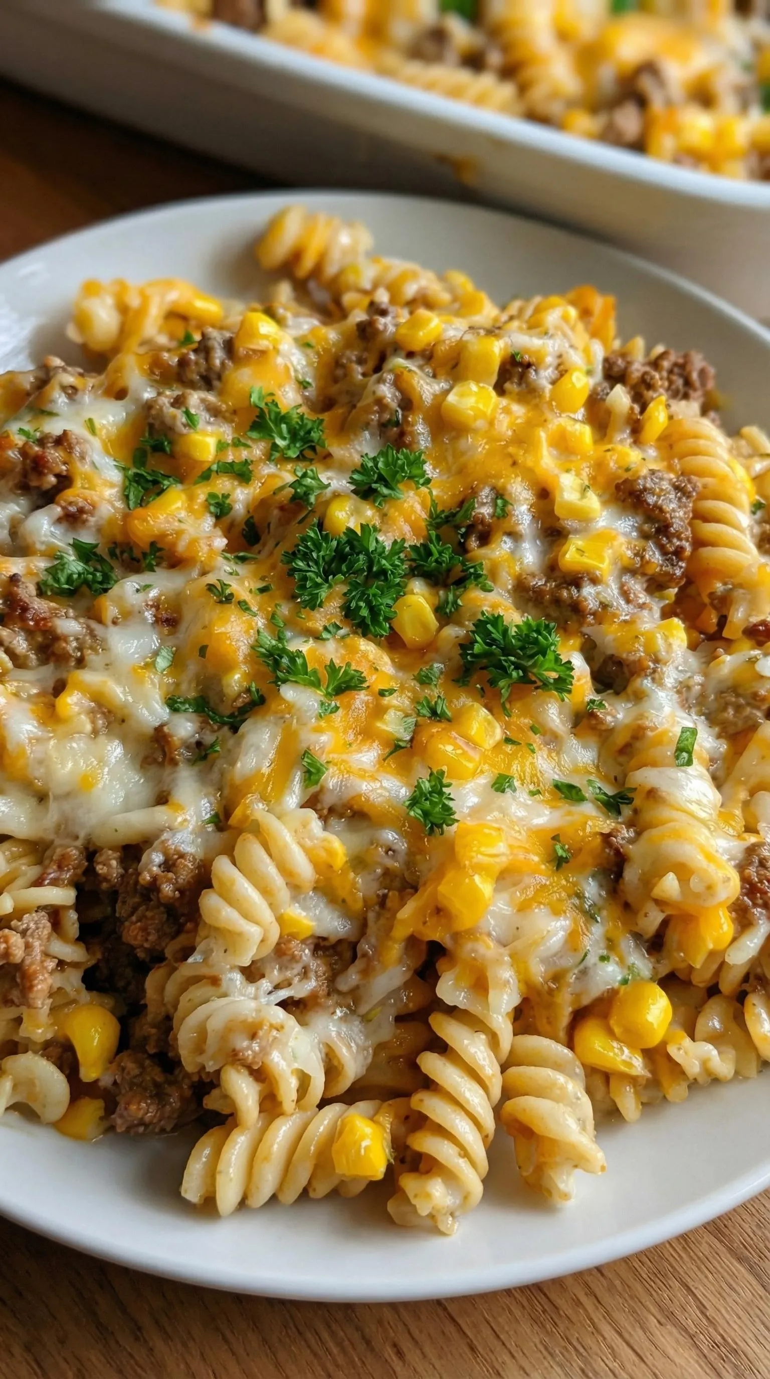 A plate of pasta with cheese and corn.