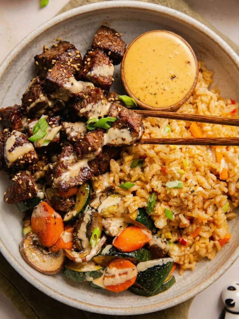 A bowl of food with rice, meat, and vegetables.