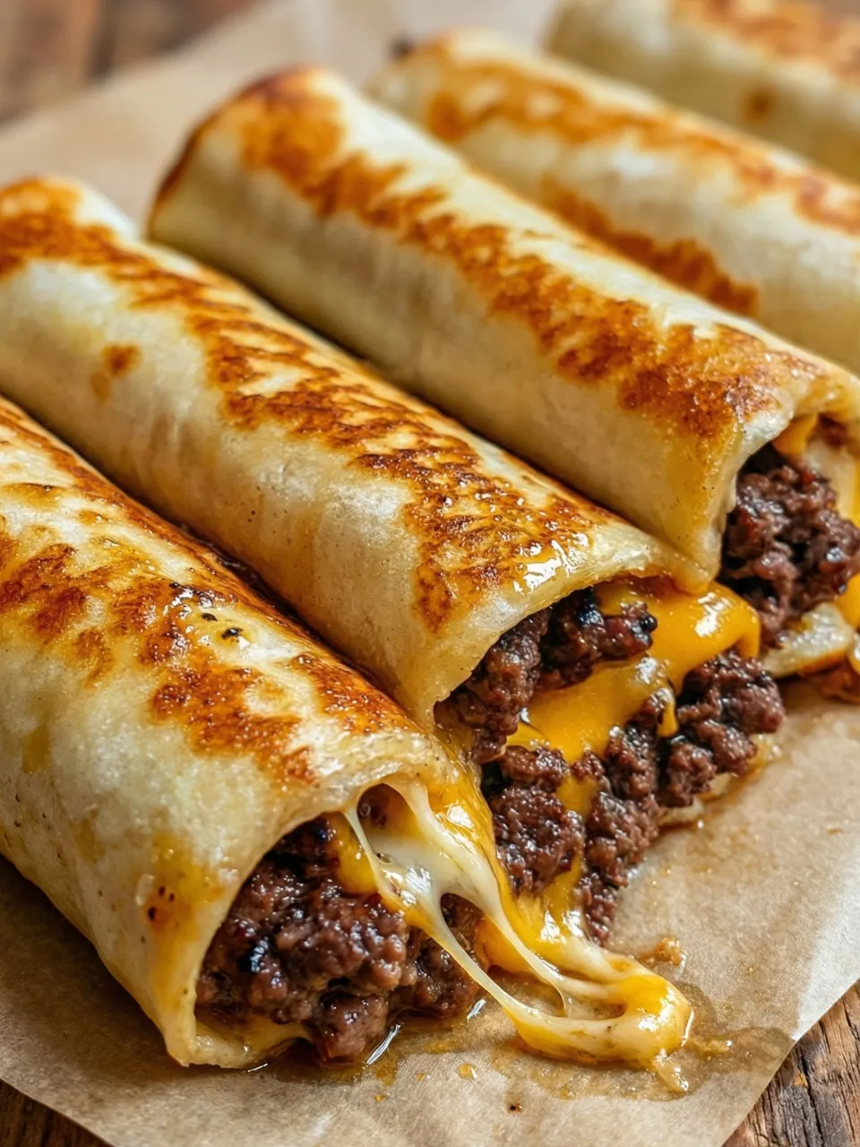 A burrito with cheese and meat.