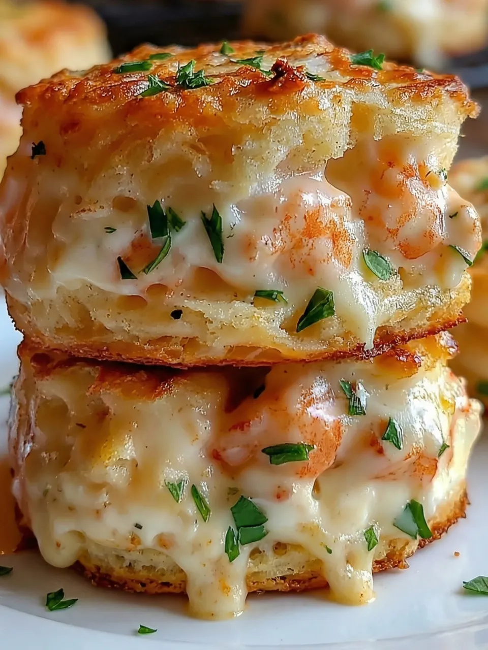 Three pieces of food stacked on top of each other.