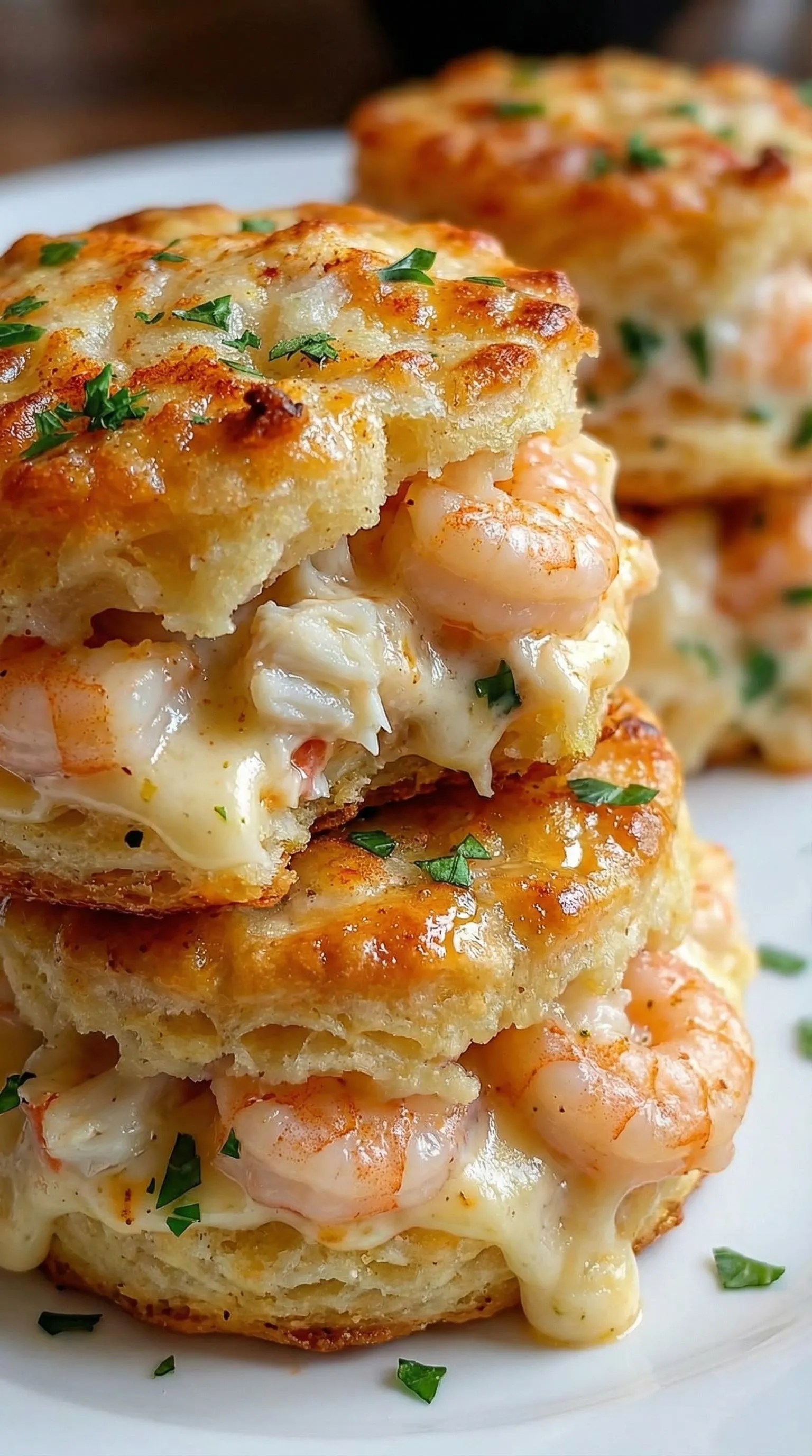 Shrimp and cheese casserole stacked on a plate.