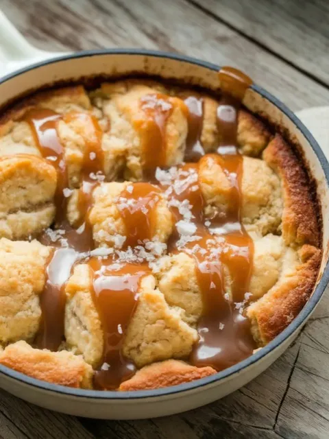 A pan of food with caramel drizzled over it.