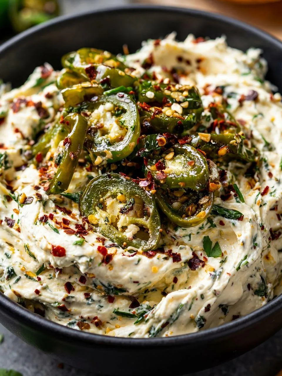 A bowl of food with jalapenos and other ingredients.