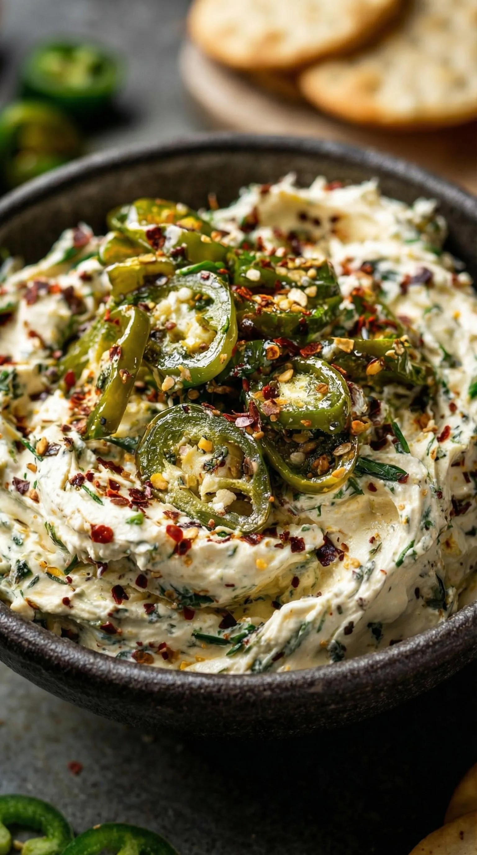 A bowl of food with green peppers and spices.