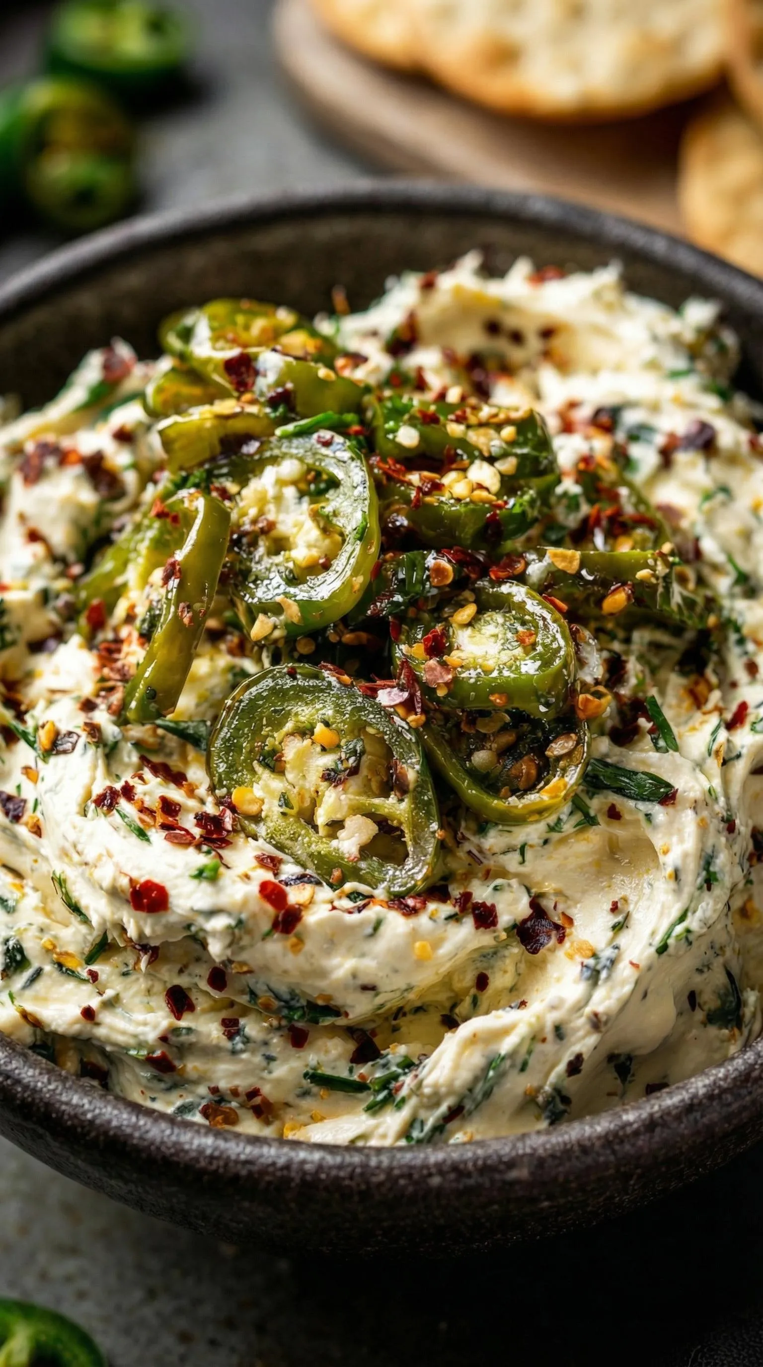 A bowl of food with green peppers.