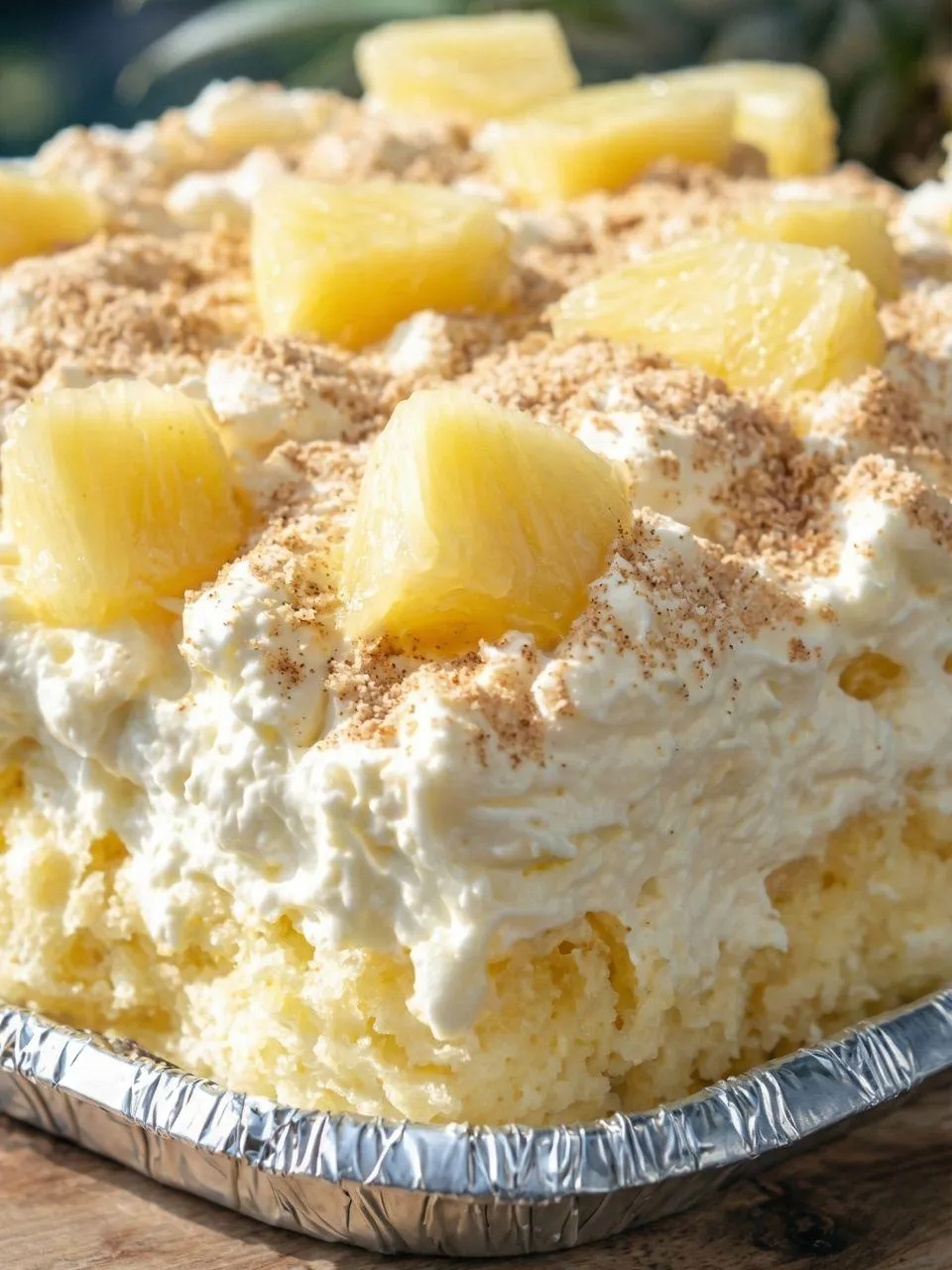 A cake with pineapple and coconut on top.